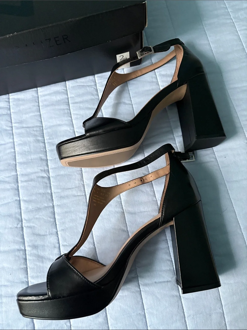Naturalizer Black Leather Platform Sandals with Chunky Heel, 6.5